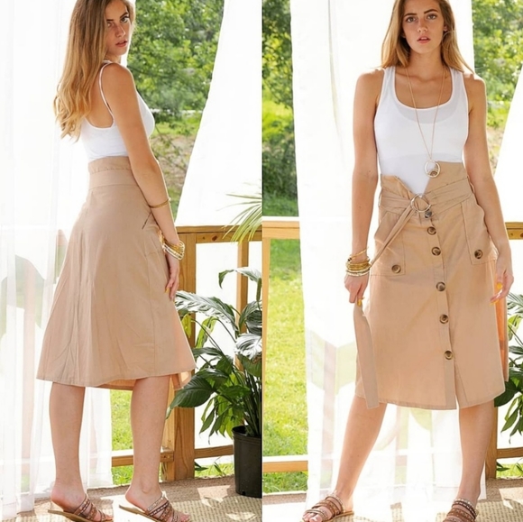 Threadzwear Dresses & Skirts - High Waist Belted Khaki Midi Skirt